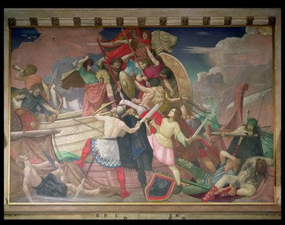 Les longs navires du roi Alfred, nouvellement construits pour la défense du royaume, attaquent les navires des envahisseurs danois battus par la tempête dans la baie de Swanage en 877 (détail) - Colin Unwin Gill